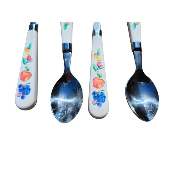 4 Corelle by Coring Fruit Basket Stainless Teaspoons Flatware Plastic MCM 7.75" - Picture 6 of 8